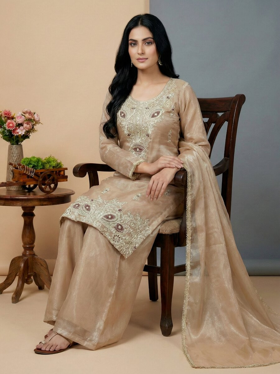 Cream Pure Silk Embroidery Sequins Zari Party Wedding Engagement Festival Ready Palazzo Pant Salwar Kameez