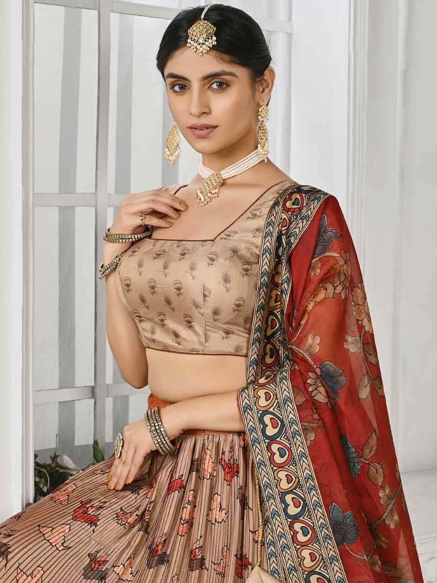 Cream Pure Silk Printed Mehendi Festival Circular Lehenga Choli