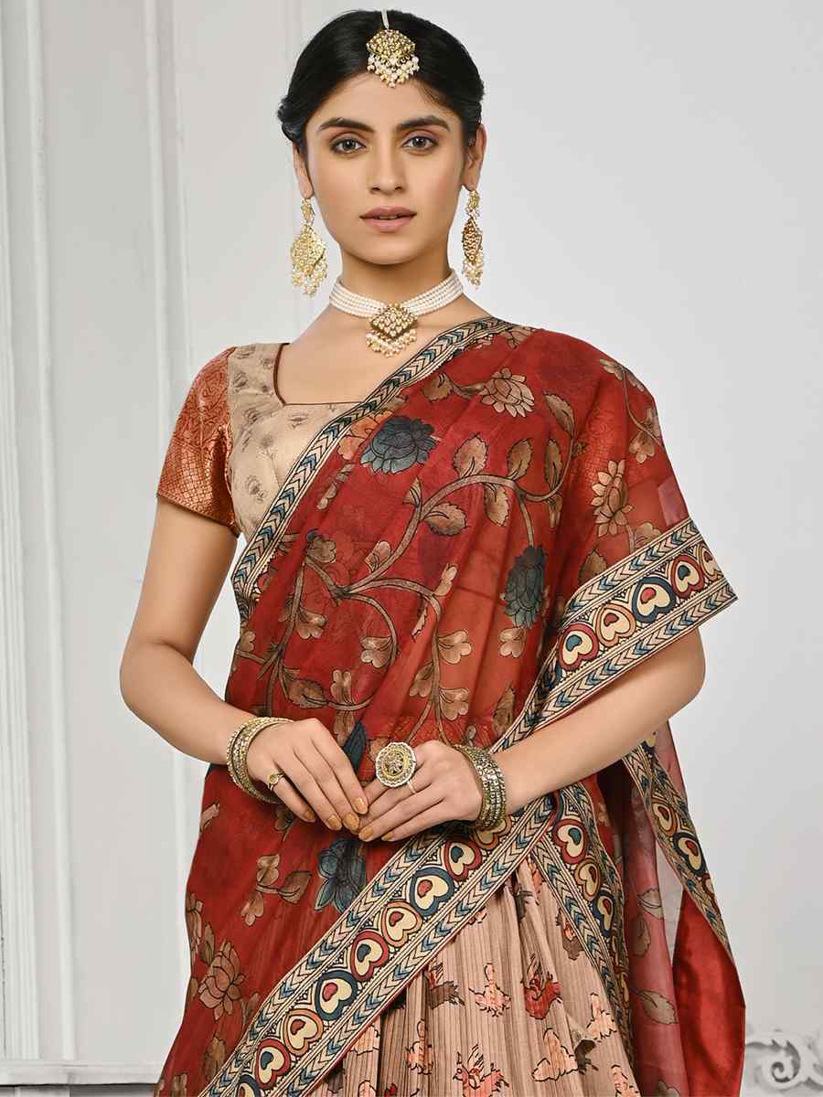 Cream Pure Silk Printed Mehendi Festival Circular Lehenga Choli