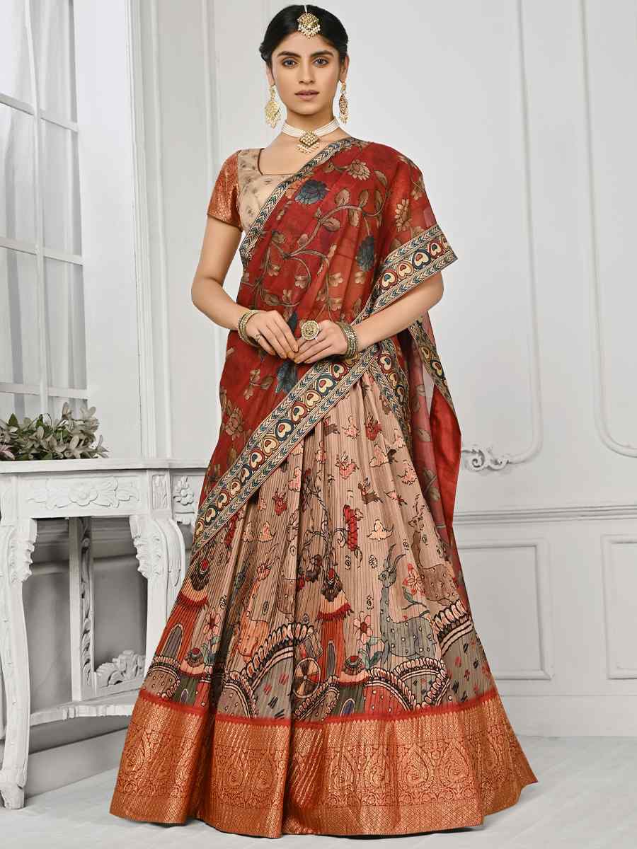 Cream Pure Silk Printed Mehendi Festival Circular Lehenga Choli