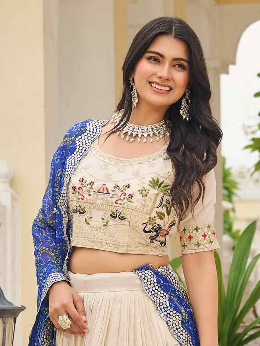 Cream Pure Tissue Silk  Embroidered Wedding Reception Festival Heavy Border Lehenga Choli