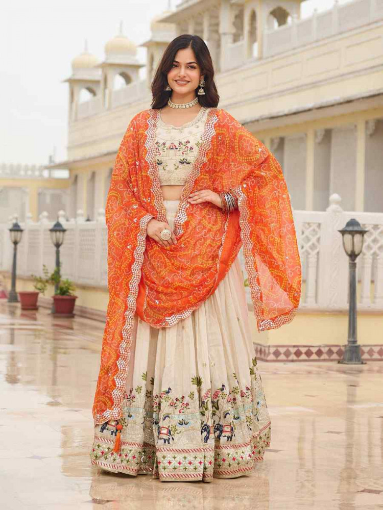 Image of Cream Pure Tissue Silk  Embroidered Wedding Reception Festival Heavy Border Lehenga Choli