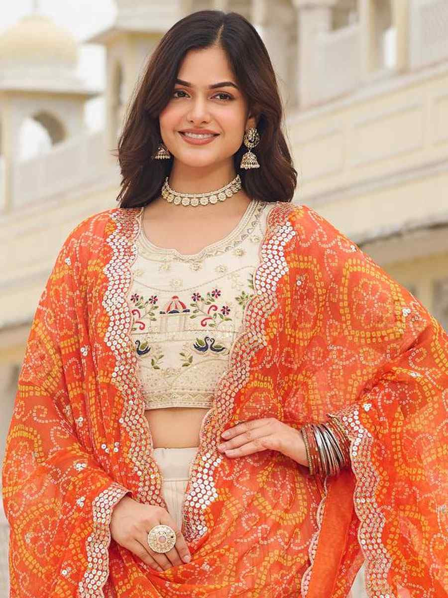 Cream Pure Tissue Silk Embroidered Wedding Reception Festival Heavy Border Lehenga Choli