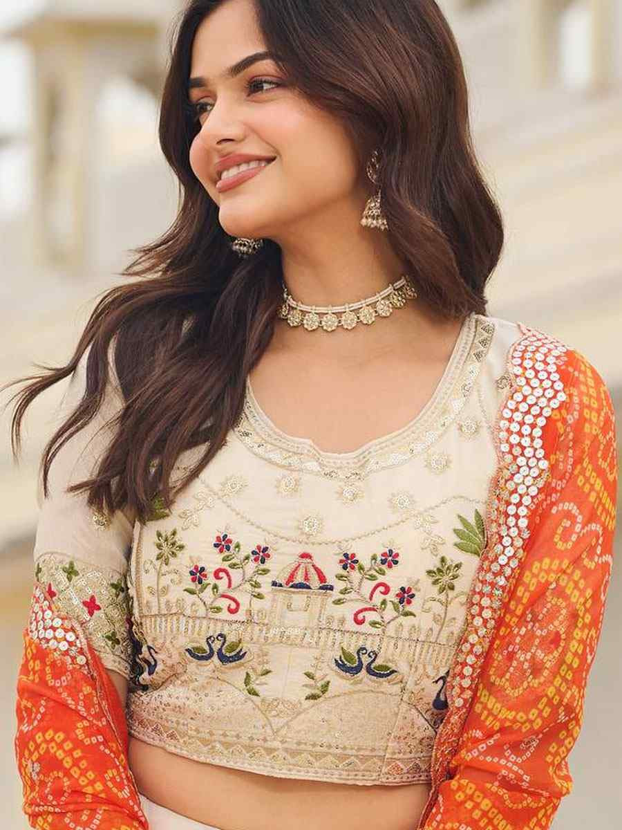 Cream Pure Tissue Silk Embroidered Wedding Reception Festival Heavy Border Lehenga Choli