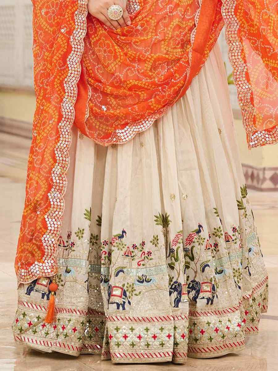 Cream Pure Tissue Silk Embroidered Wedding Reception Festival Heavy Border Lehenga Choli