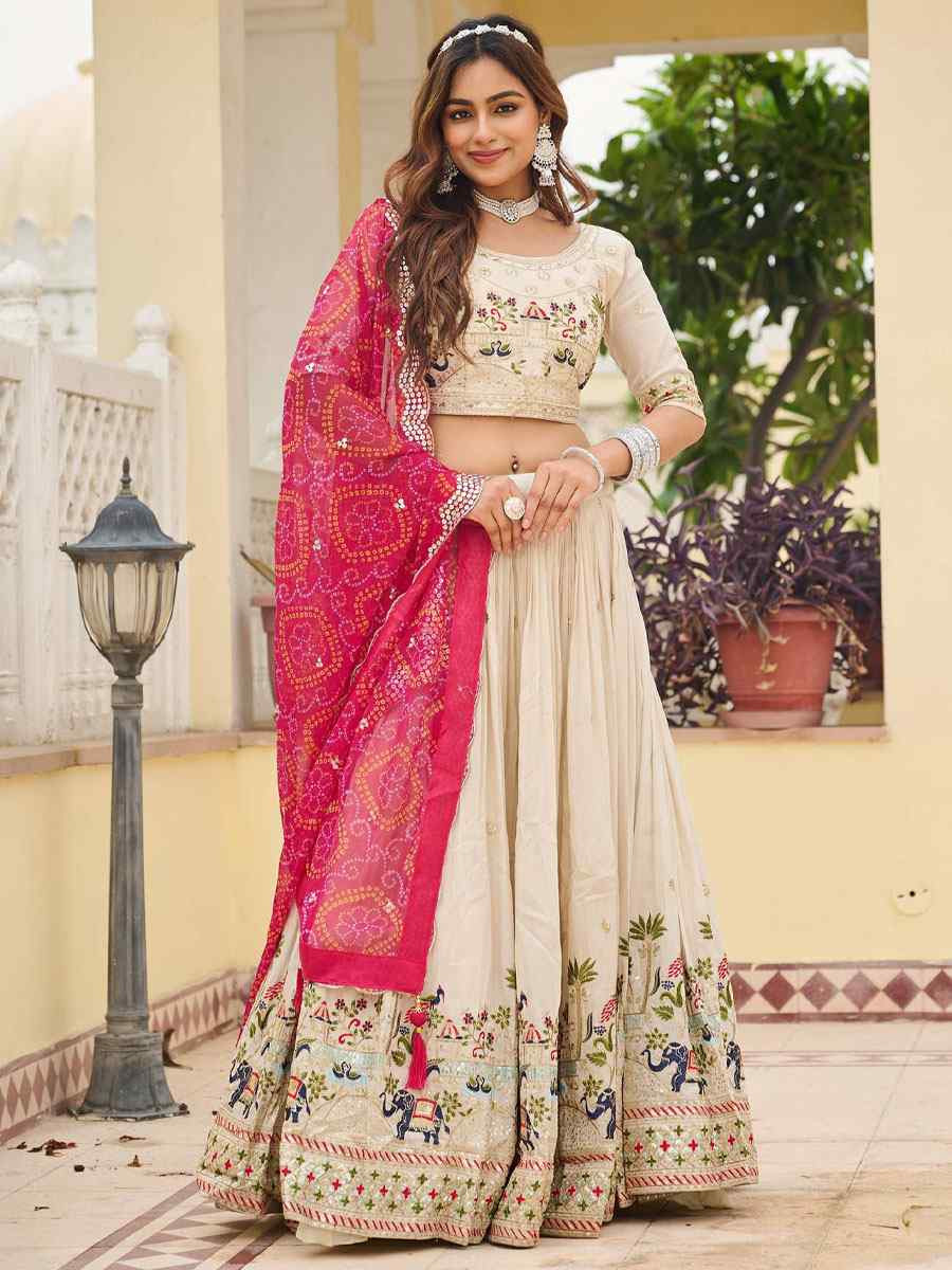 Cream Pure Tissue Silk Embroidered Wedding Reception Festival Heavy Border Lehenga Choli