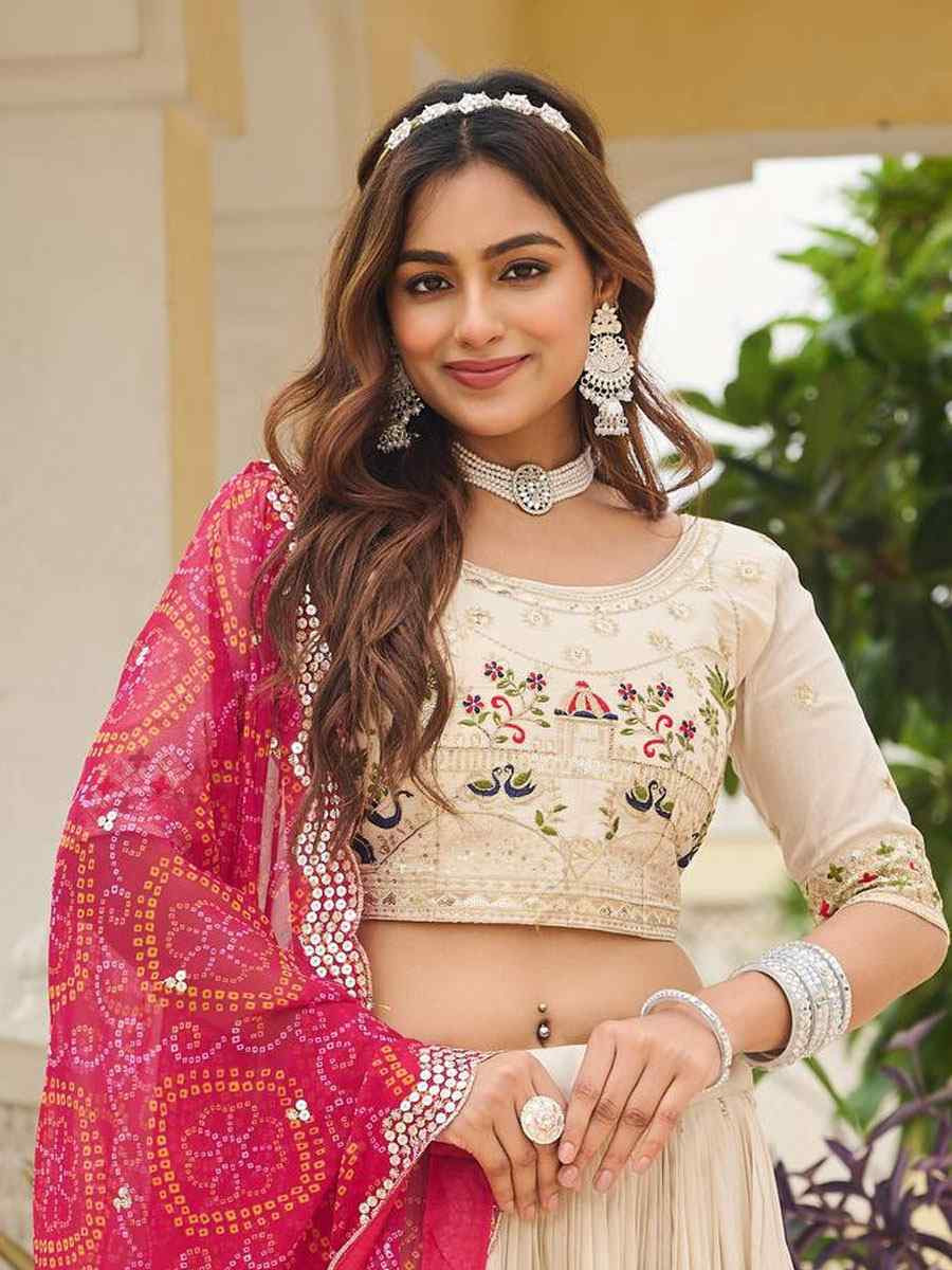 Cream Pure Tissue Silk Embroidered Wedding Reception Festival Heavy Border Lehenga Choli