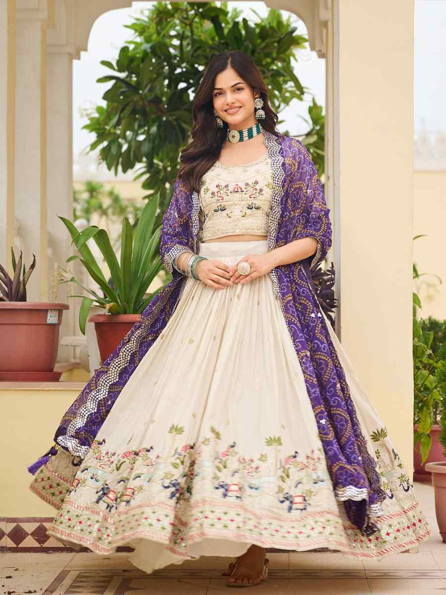 Cream Pure Tissue Silk Embroidered Wedding Reception Festival Heavy Border Lehenga Choli