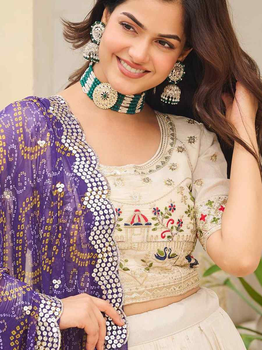 Cream Pure Tissue Silk Embroidered Wedding Reception Festival Heavy Border Lehenga Choli