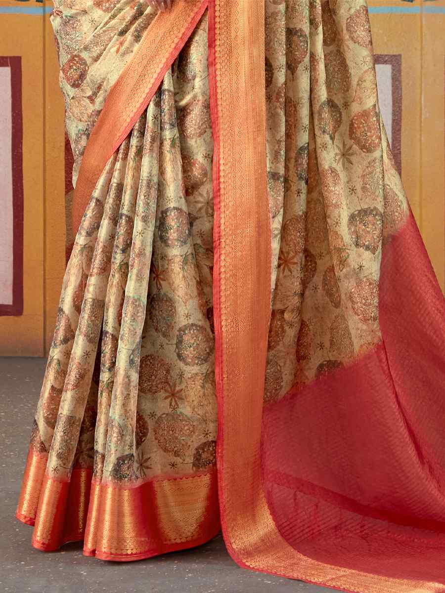 Cream Pure Tissue Silk Handwoven Wedding Festival Heavy Border Saree