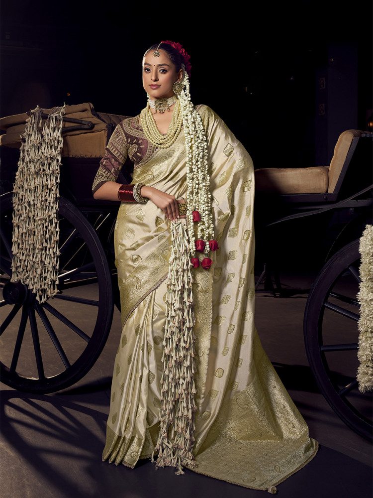 Image of Cream Pure Viscose Embroidery Wedding Reception Party Festival Casual Heavy Border Sarees