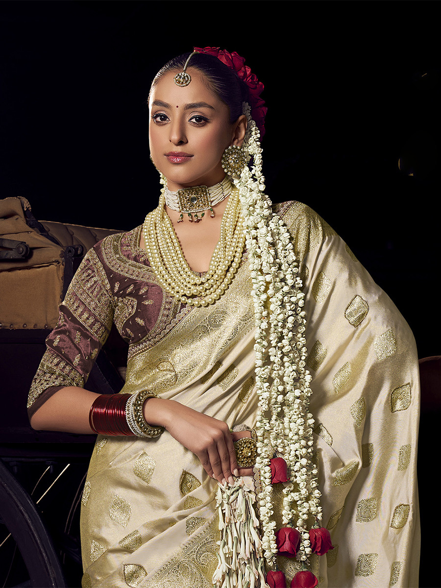 Cream Pure Viscose Embroidery Wedding Reception Party Festival Casual Heavy Border Sarees