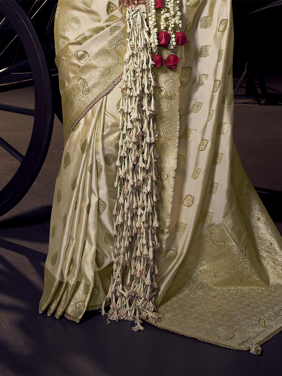 Cream Pure Viscose Embroidery Wedding Reception Party Festival Casual Heavy Border Sarees