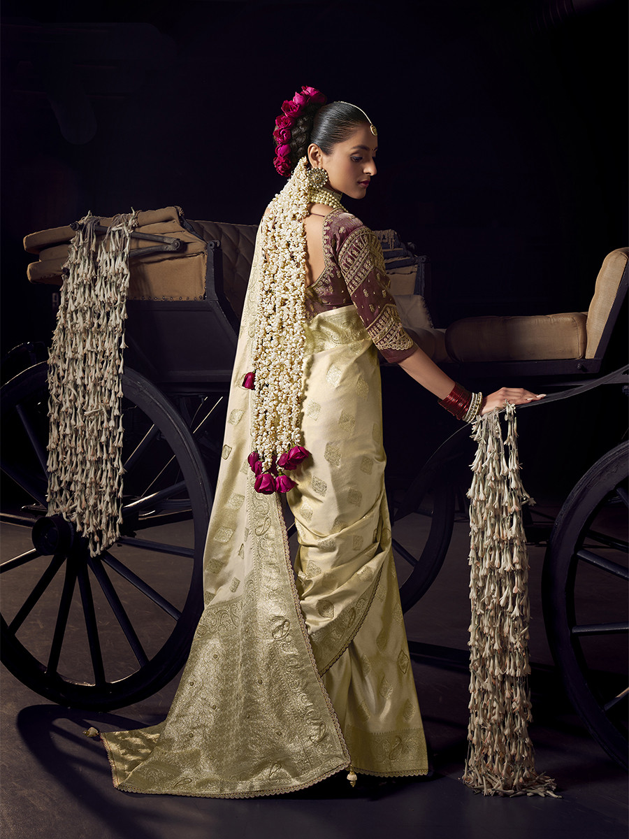 Cream Pure Viscose Embroidery Wedding Reception Party Festival Casual Heavy Border Sarees