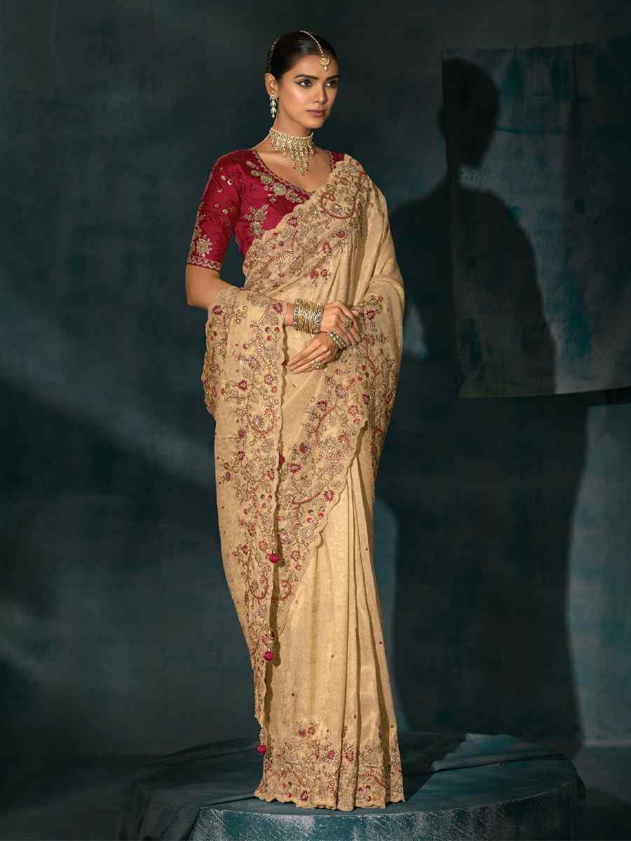 Cream Pure Ziraf Embroidery Bridal Reception Festival Wedding Fancy Heavy Border Saree