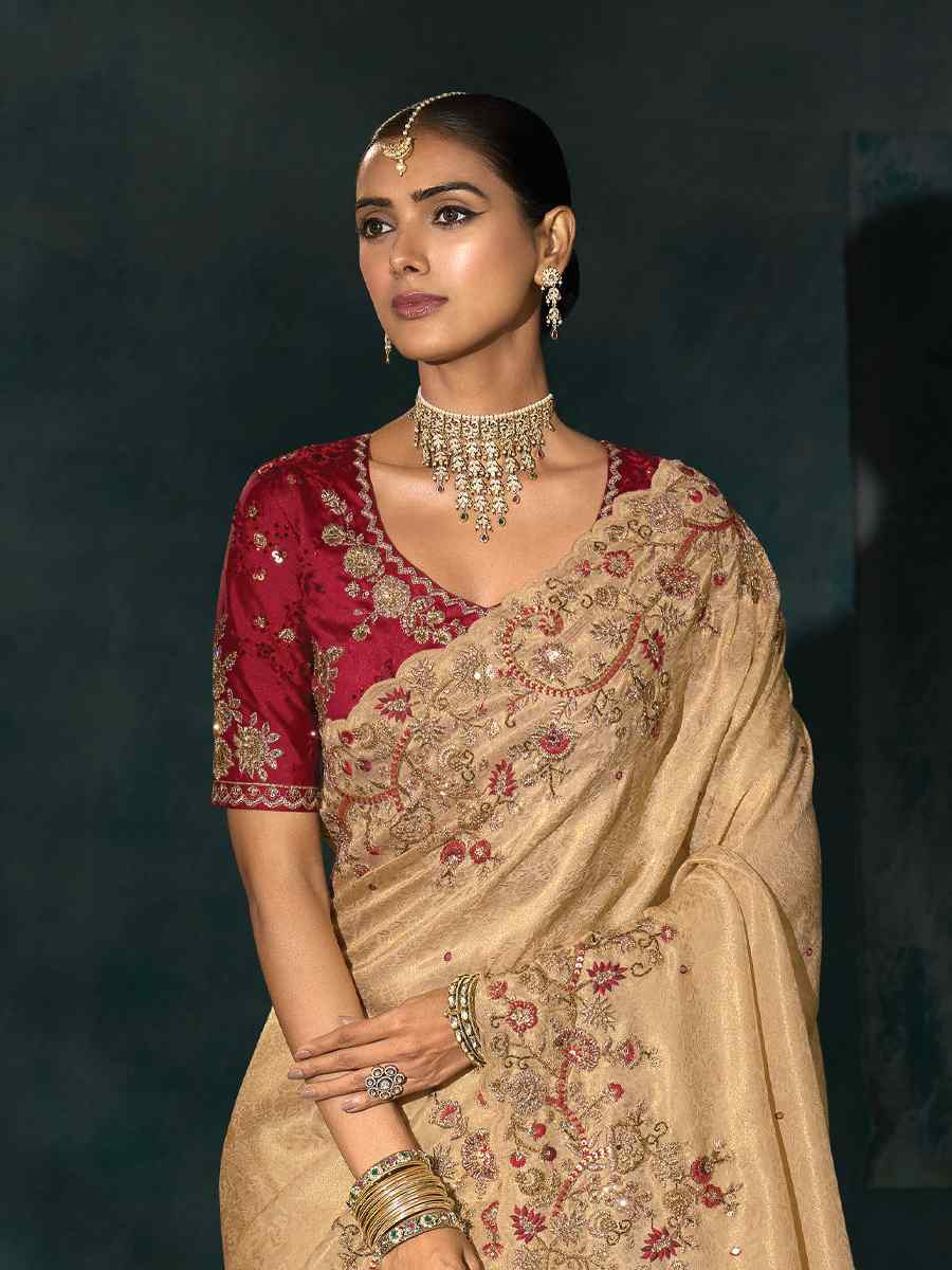 Cream Pure Ziraf Embroidery Bridal Reception Festival Wedding Fancy Heavy Border Saree