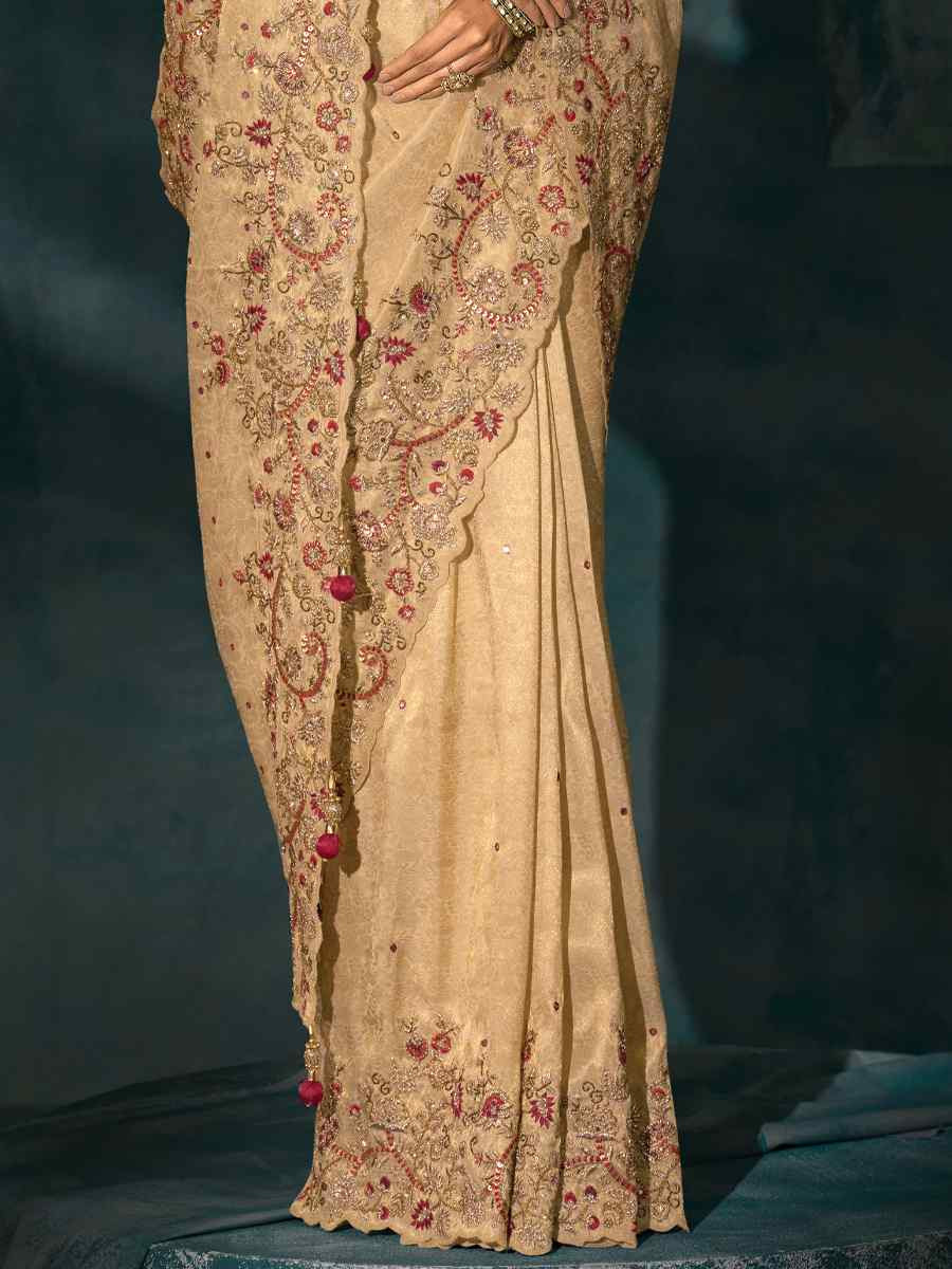 Cream Pure Ziraf Embroidery Bridal Reception Festival Wedding Fancy Heavy Border Saree