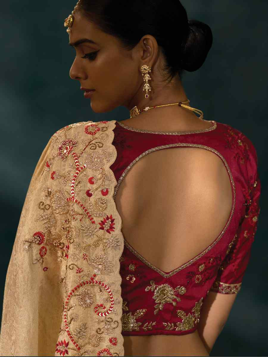 Cream Pure Ziraf Embroidery Bridal Reception Festival Wedding Fancy Heavy Border Saree