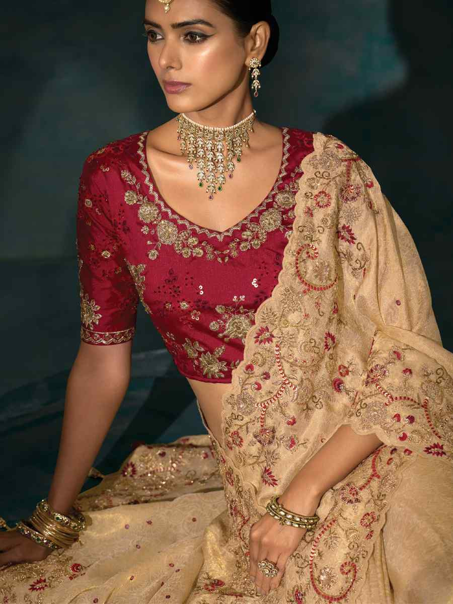 Cream Pure Ziraf Embroidery Bridal Reception Festival Wedding Fancy Heavy Border Saree