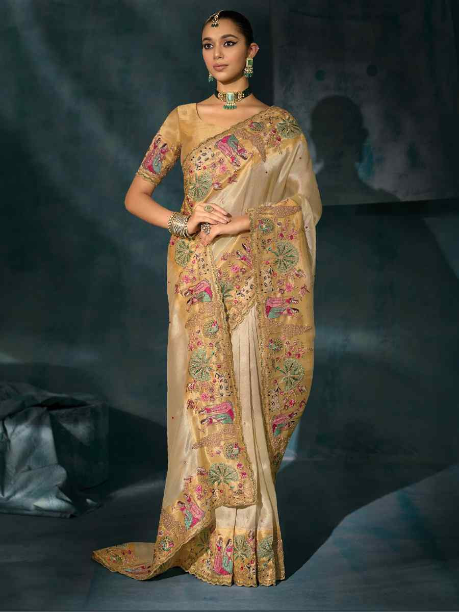 Cream Pure Ziraf Silk Embroidery Bridal Reception Festival Wedding Fancy Heavy Border Saree