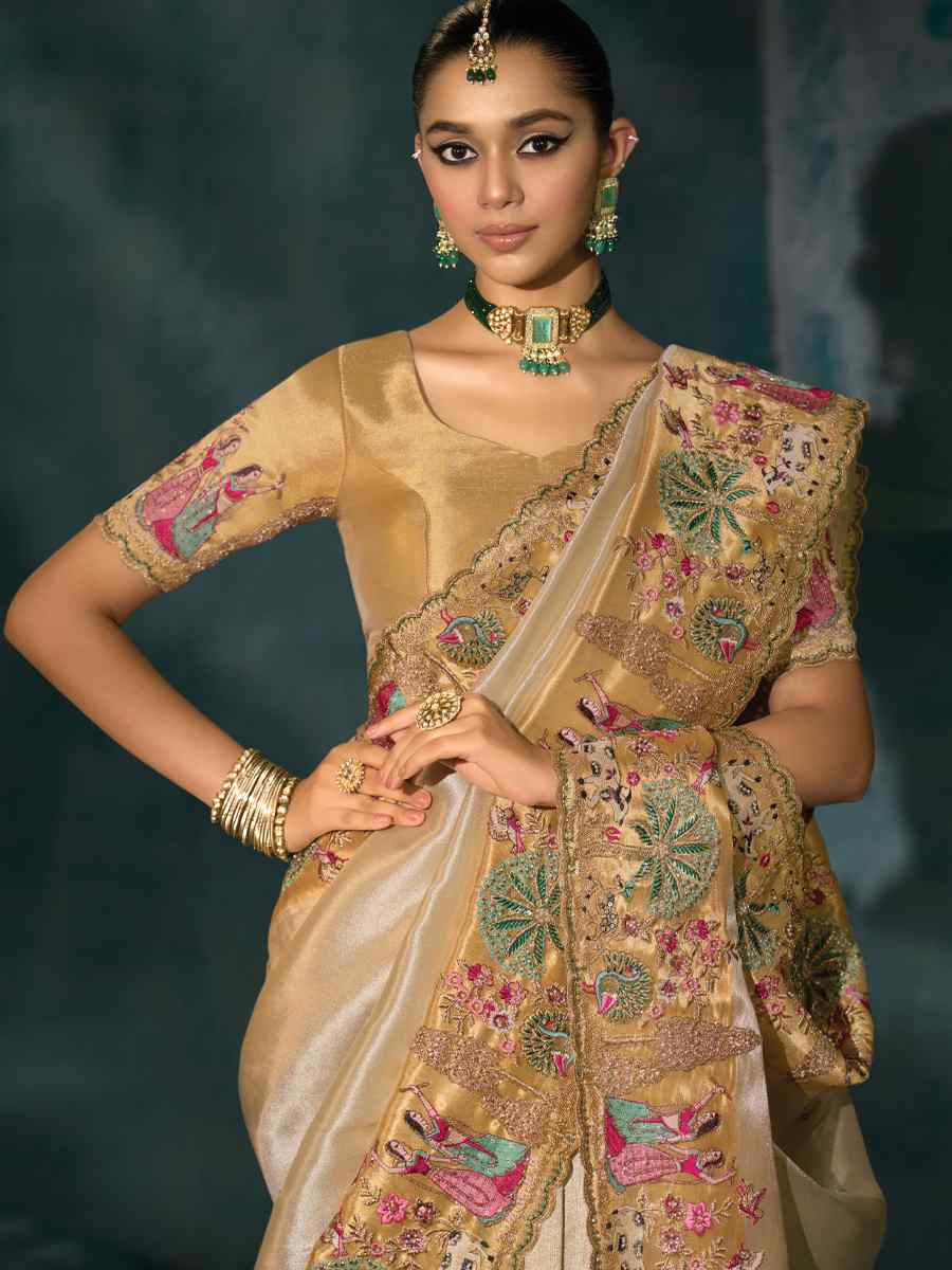 Cream Pure Ziraf Silk Embroidery Bridal Reception Festival Wedding Fancy Heavy Border Saree