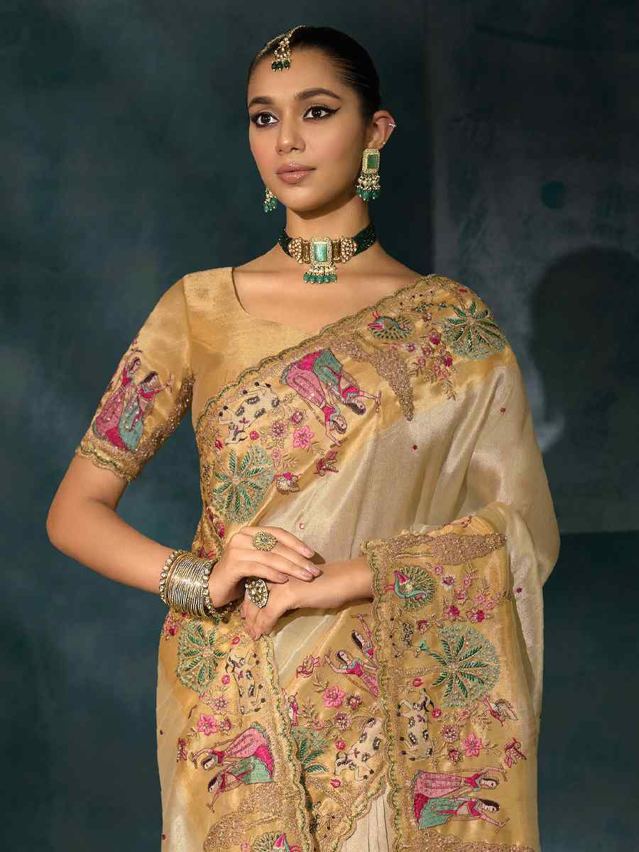 Cream Pure Ziraf Silk Embroidery Bridal Reception Festival Wedding Fancy Heavy Border Saree