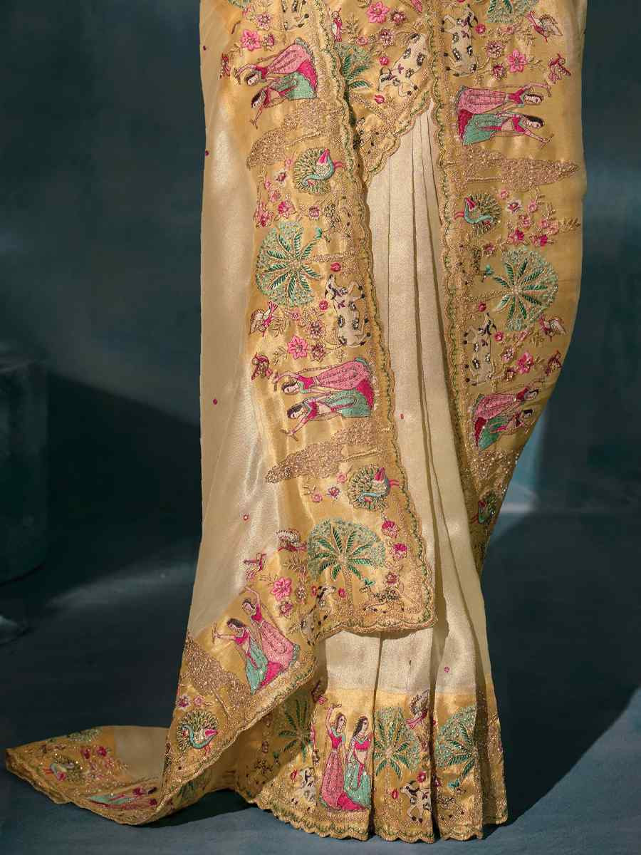 Cream Pure Ziraf Silk Embroidery Bridal Reception Festival Wedding Fancy Heavy Border Saree