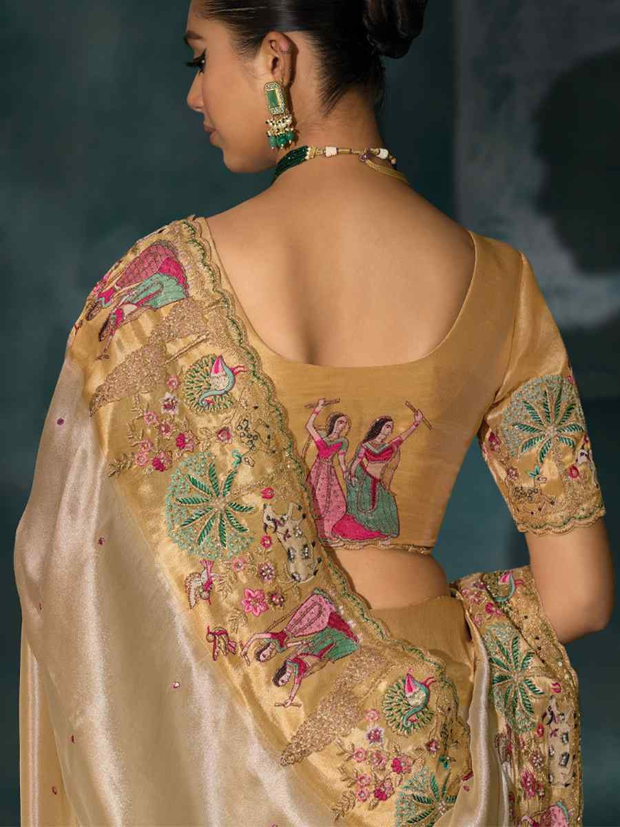 Cream Pure Ziraf Silk Embroidery Bridal Reception Festival Wedding Fancy Heavy Border Saree