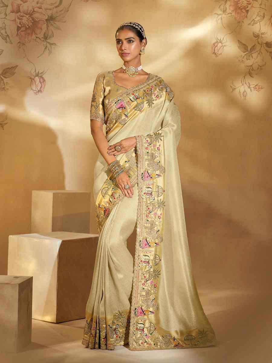 Cream Pure Ziraf Silk Embroidery Traditional Bridal Reception Festival Wedding Fancy Heavy Border Saree