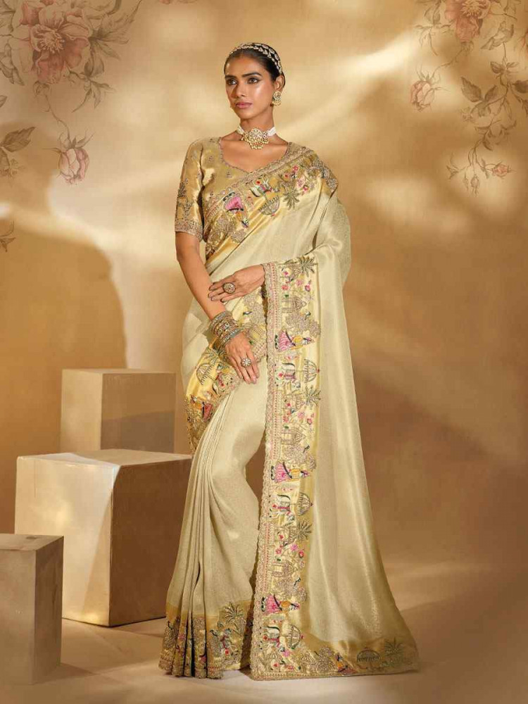 Image of Cream Pure Ziraf Silk Embroidery Traditional Bridal Reception Festival Wedding Fancy Heavy Border Saree