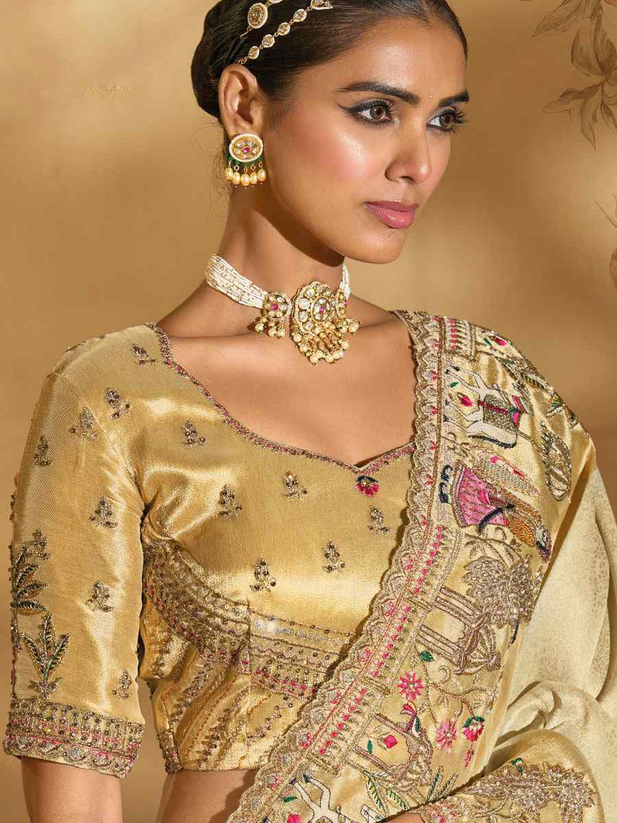 Cream Pure Ziraf Silk Embroidery Traditional Bridal Reception Festival Wedding Fancy Heavy Border Saree