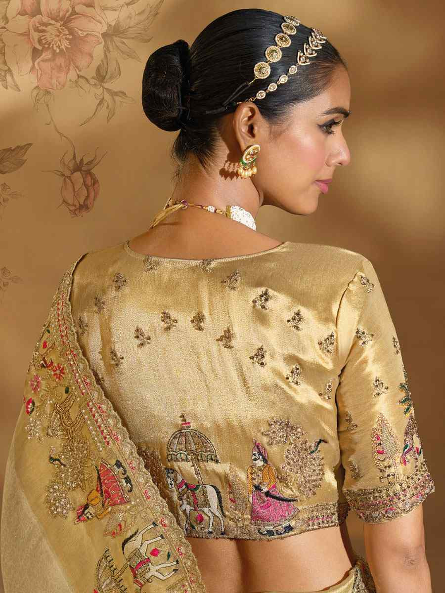 Cream Pure Ziraf Silk Embroidery Traditional Bridal Reception Festival Wedding Fancy Heavy Border Saree