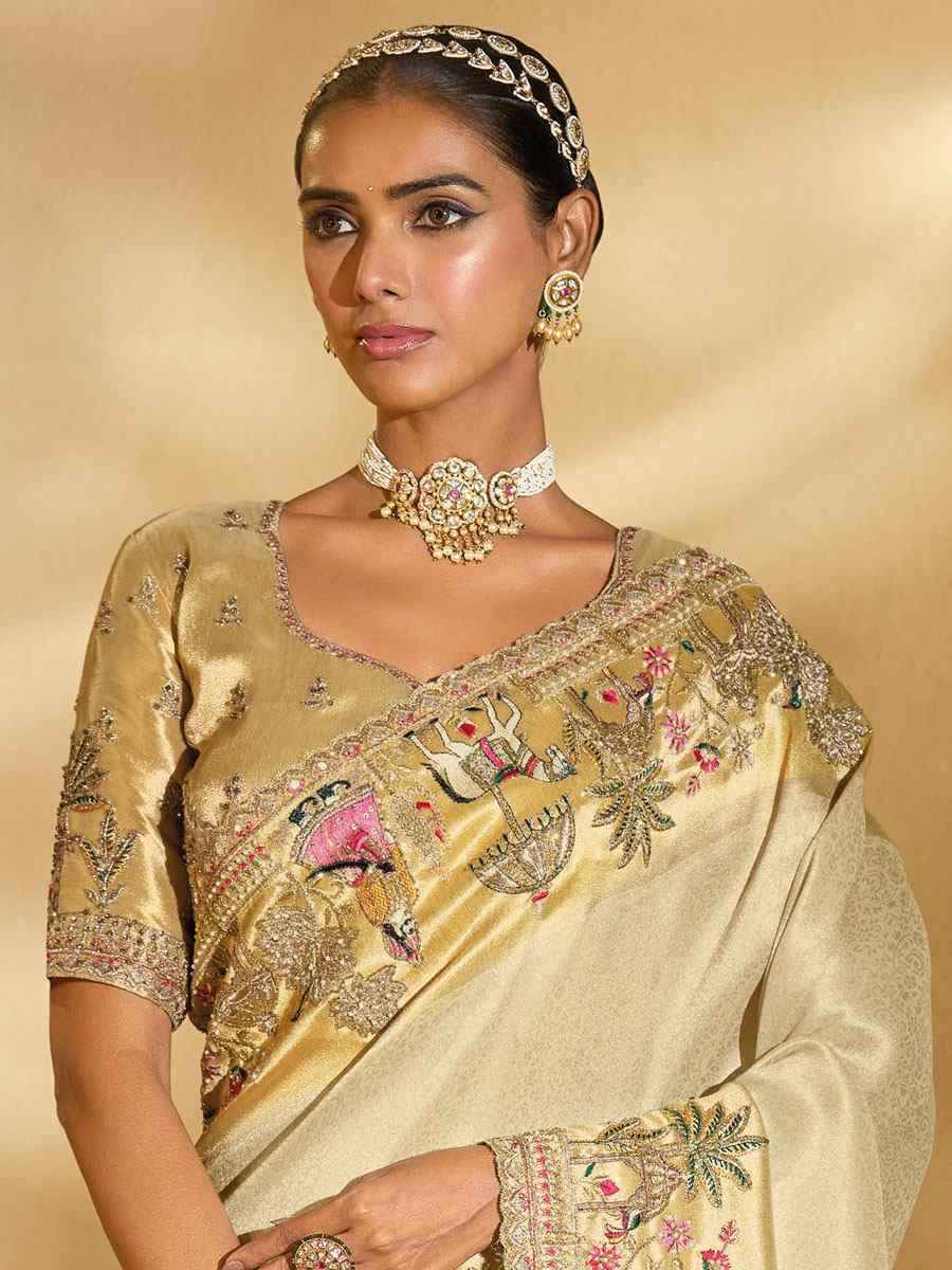 Cream Pure Ziraf Silk Embroidery Traditional Bridal Reception Festival Wedding Fancy Heavy Border Saree