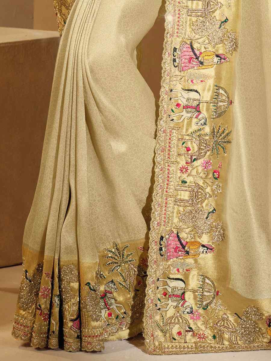 Cream Pure Ziraf Silk Embroidery Traditional Bridal Reception Festival Wedding Fancy Heavy Border Saree
