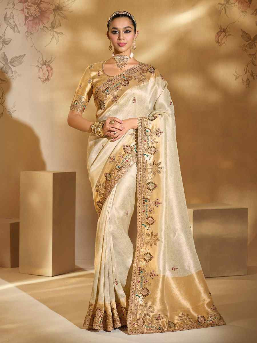 Cream Pure Ziraf Silk Embroidery Traditional Bridal Reception Festival Wedding Fancy Heavy Border Saree