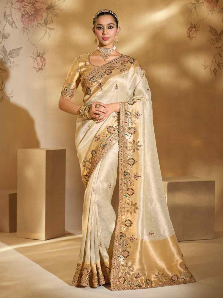 Image of Cream Pure Ziraf Silk Embroidery Traditional Bridal Reception Festival Wedding Fancy Heavy Border Saree