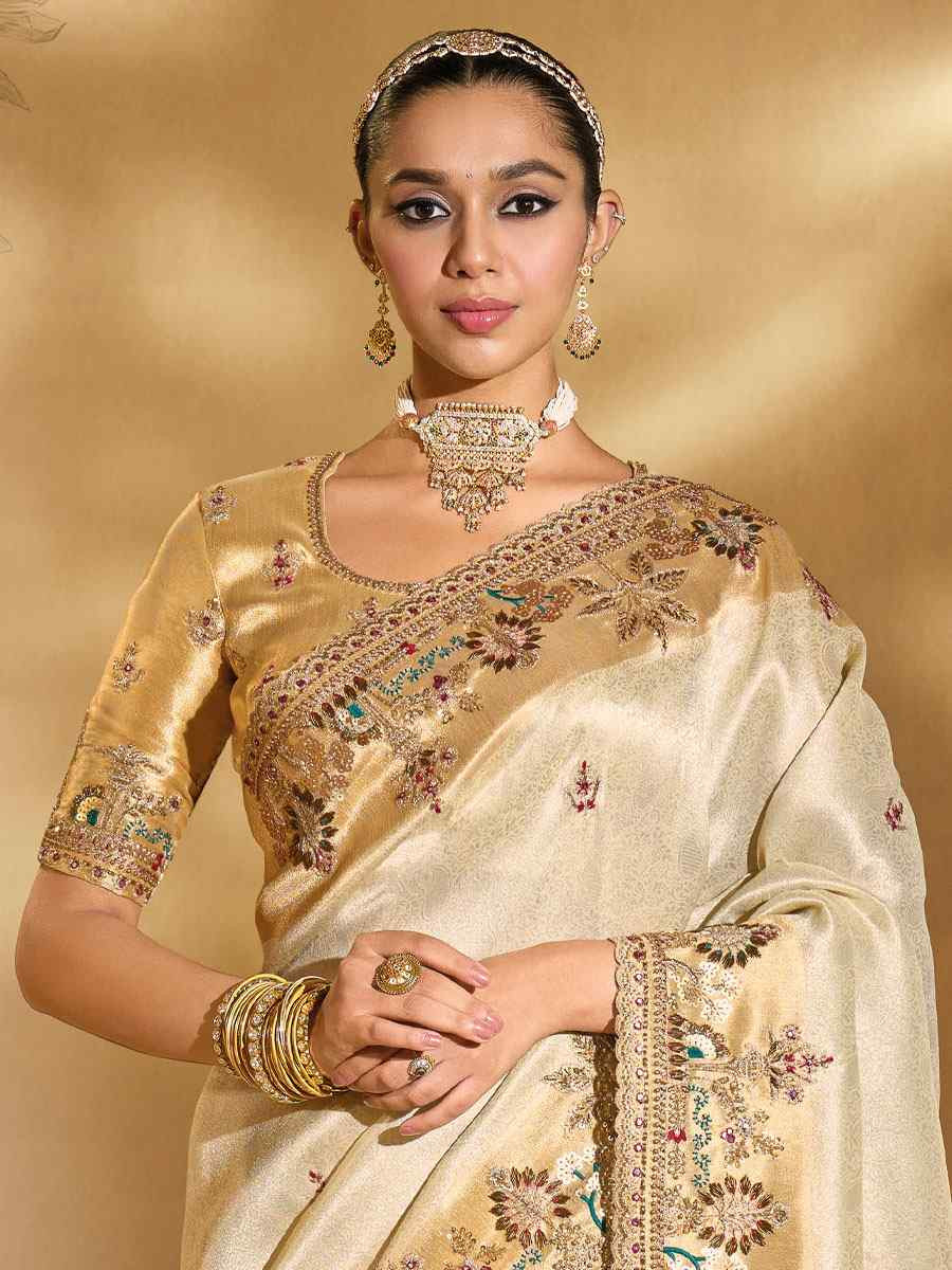 Cream Pure Ziraf Silk Embroidery Traditional Bridal Reception Festival Wedding Fancy Heavy Border Saree
