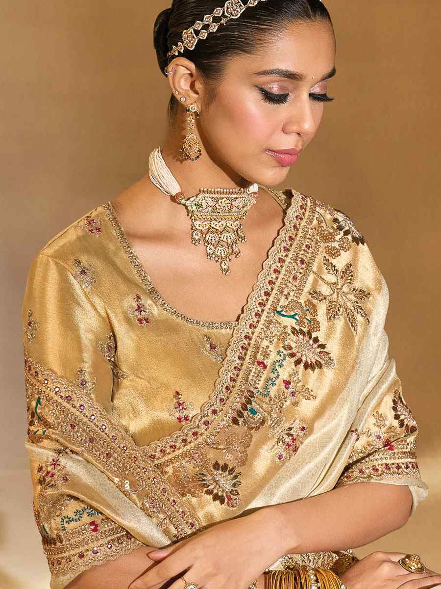 Cream Pure Ziraf Silk Embroidery Traditional Bridal Reception Festival Wedding Fancy Heavy Border Saree