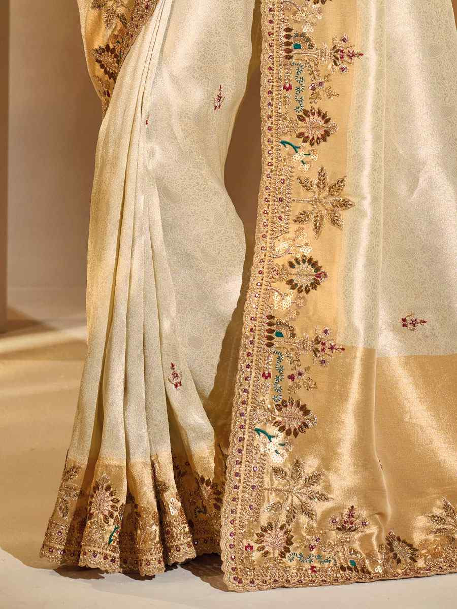 Cream Pure Ziraf Silk Embroidery Traditional Bridal Reception Festival Wedding Fancy Heavy Border Saree