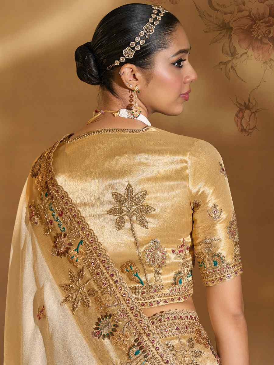 Cream Pure Ziraf Silk Embroidery Traditional Bridal Reception Festival Wedding Fancy Heavy Border Saree