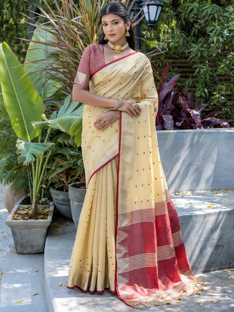 Cream Raw Silk Handwoven Casual Festival Classic Style Saree