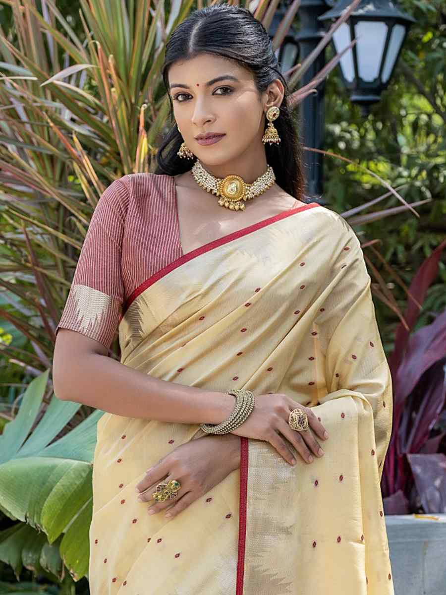 Cream Raw Silk Handwoven Casual Festival Classic Style Saree