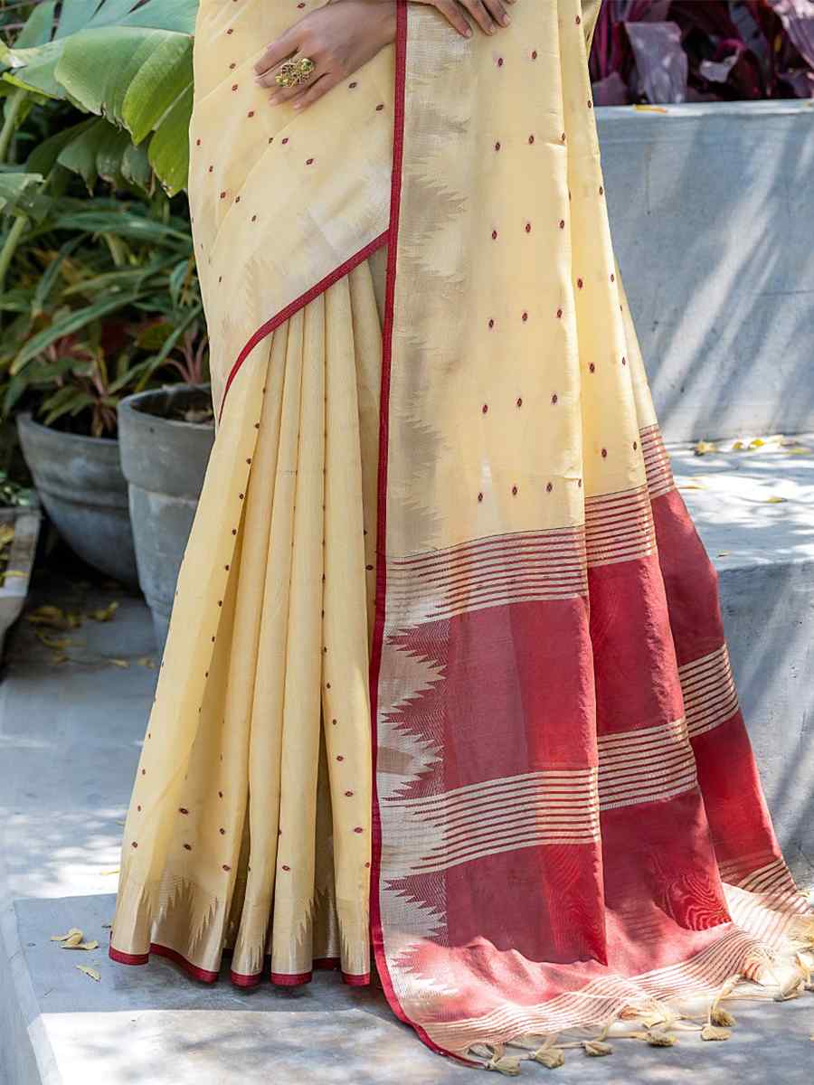 Cream Raw Silk Handwoven Casual Festival Classic Style Saree