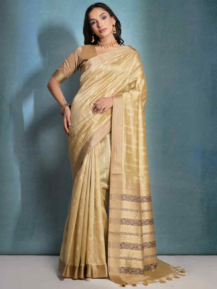Cream Raw Silk Handwoven Casual Festival Classic Style Saree