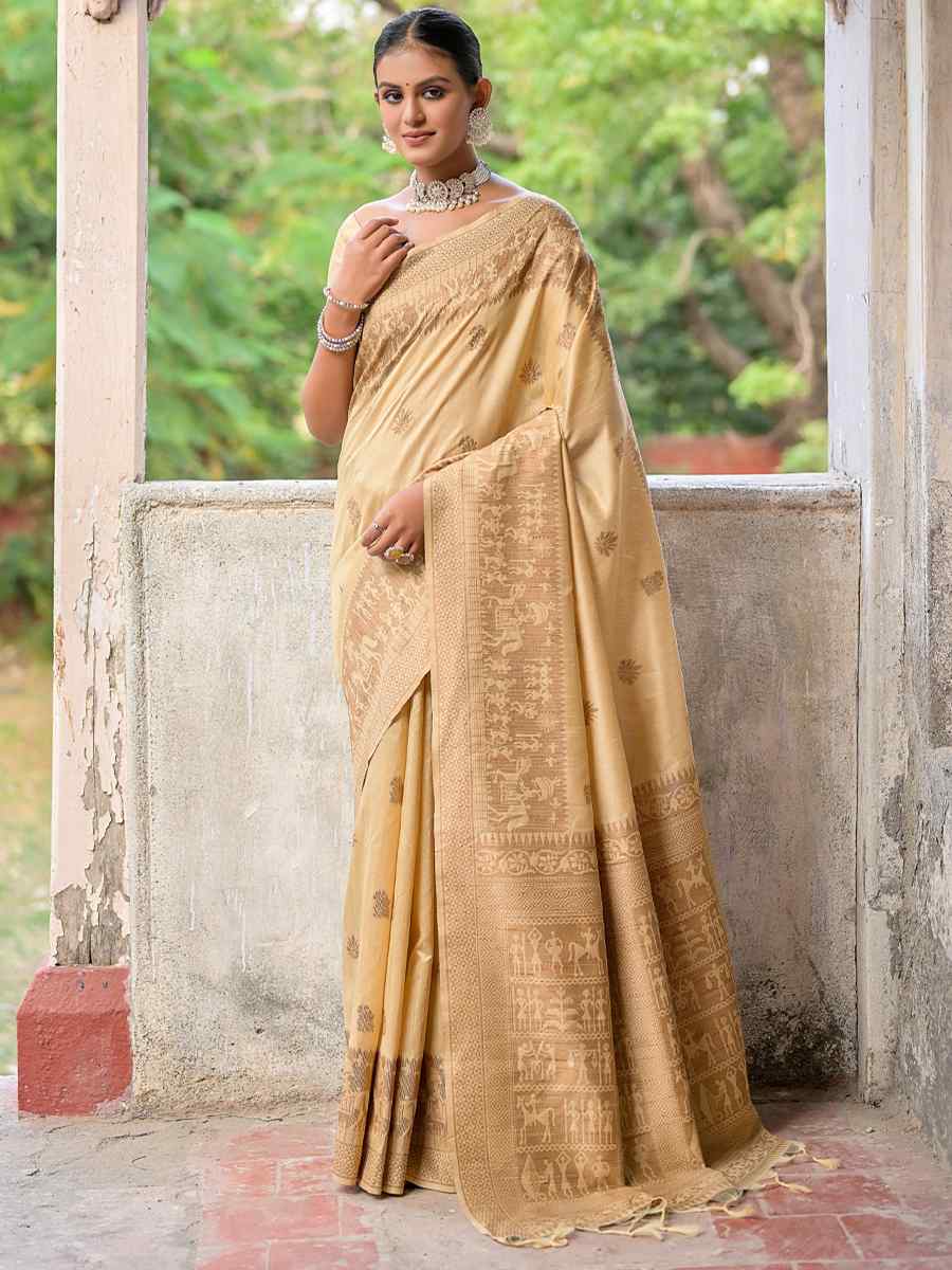 Cream Raw Silk Handwoven Casual Festival Heavy Border Saree