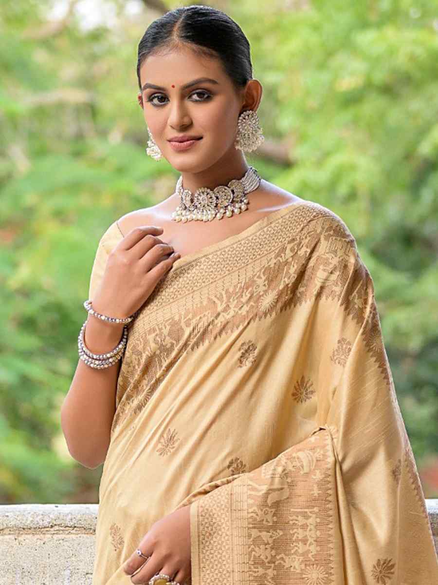 Cream Raw Silk Handwoven Casual Festival Heavy Border Saree