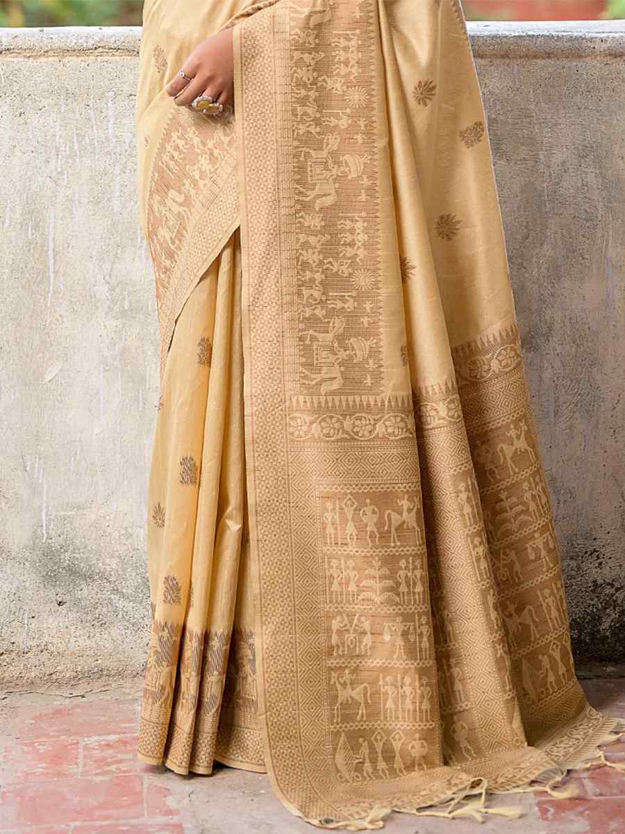 Cream Raw Silk Handwoven Casual Festival Heavy Border Saree