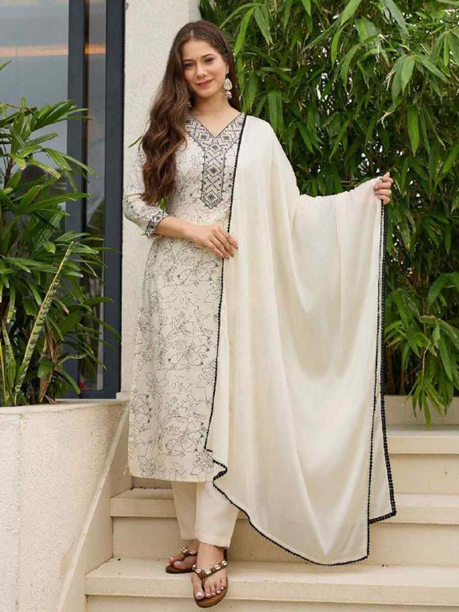 Cream Rayon Embroidered Printed Party Wedding Ready Pant Salwar Kameez