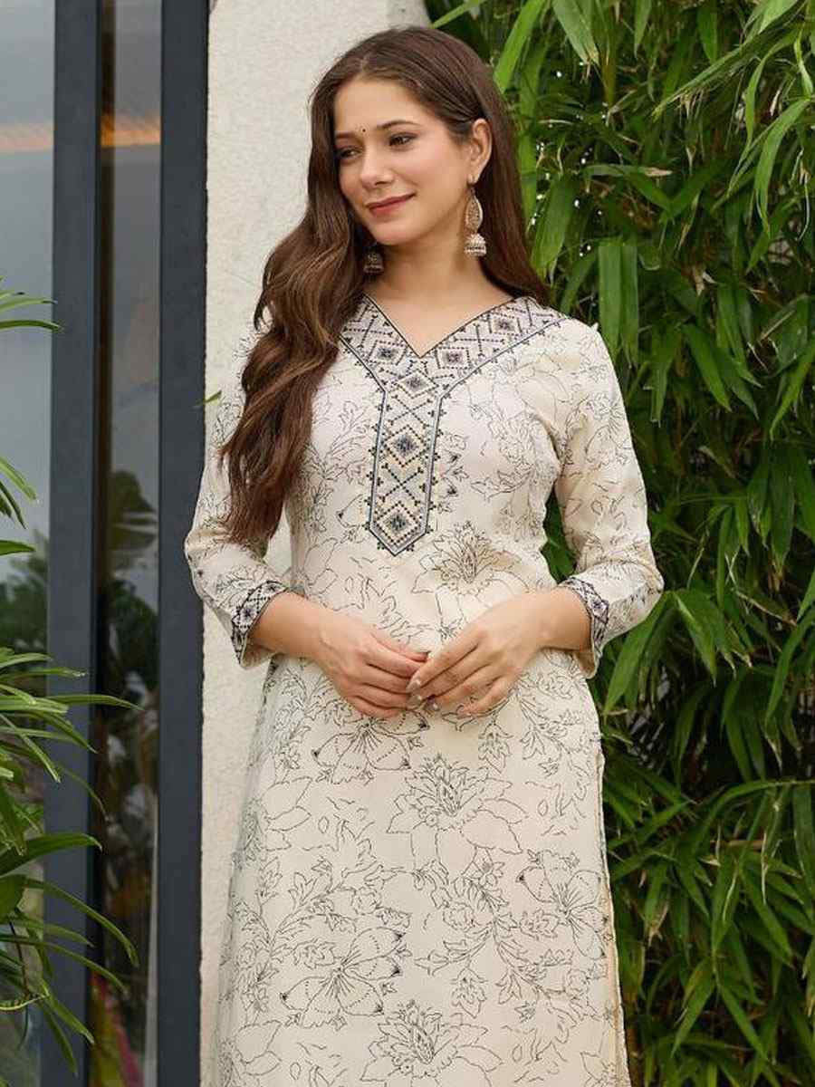 Cream Rayon Embroidered Printed Party Wedding Ready Pant Salwar Kameez