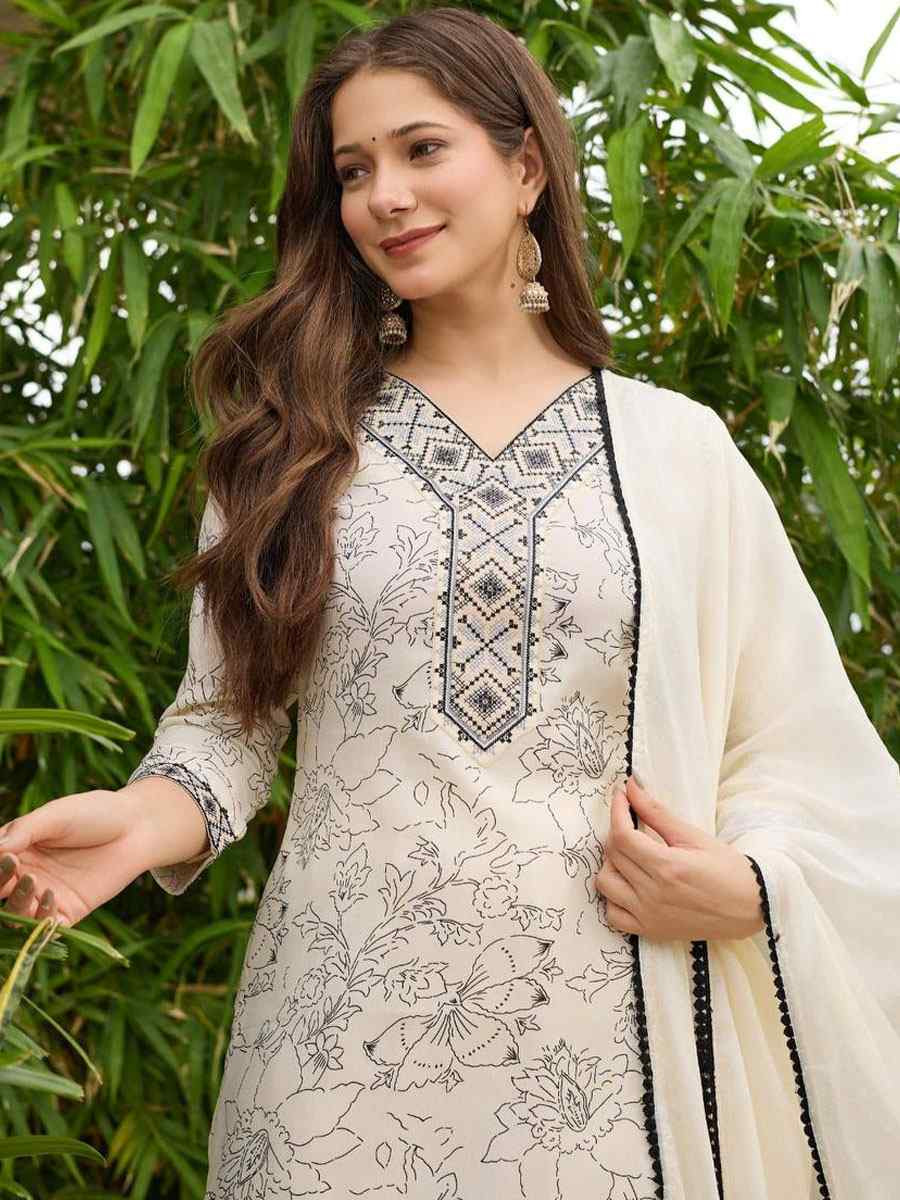 Cream Rayon Embroidered Printed Party Wedding Ready Pant Salwar Kameez